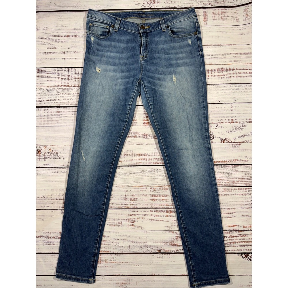 Michael Kors Womens Medium Wash Distressed Skinny Jeans Gold Logo Size 4
